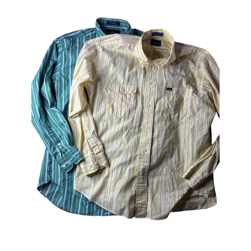 Faconnable Men's Medium Button Down Striped Shirt Lot of 2 Yellow and Green